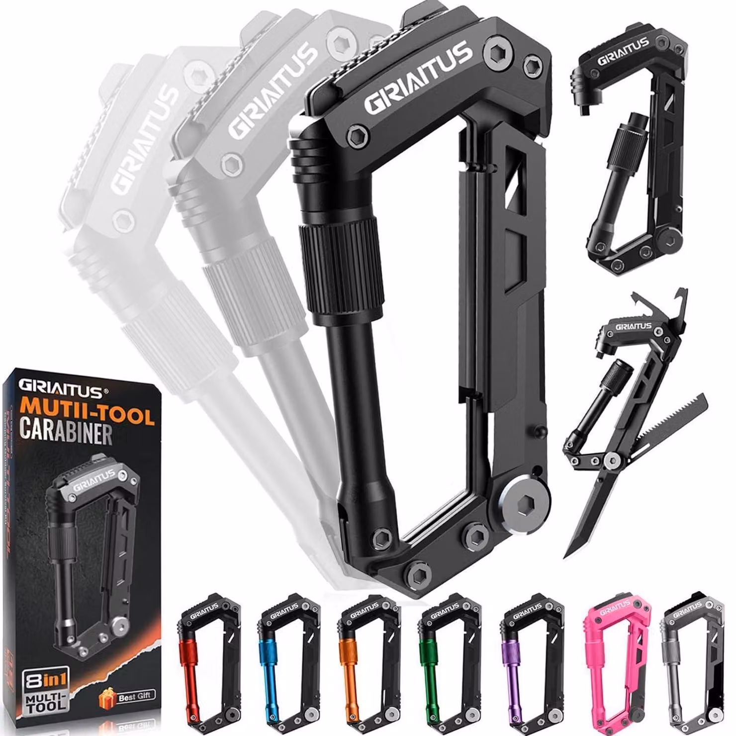 Karabiner multiuso 8-in-1 con coltello tascabile, accessori per campeggio, colore nero, acciaio inossidabile