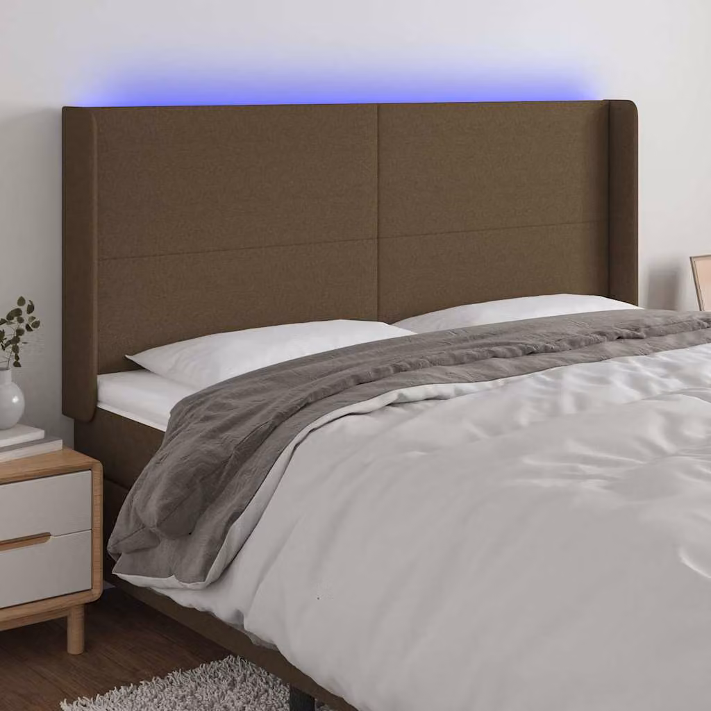 Testiera per letto vidaXL in tessuto marrone scuro con illuminazione LED e porta USB, L: 163 cm, P: 16 cm, H: 118/128 cm
