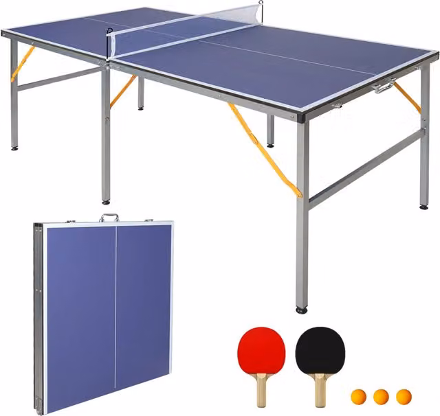 Tavolo da ping pong pieghevole ULEVR 182x91x76,2 cm con rete, 2 racchette e 3 palline, blu