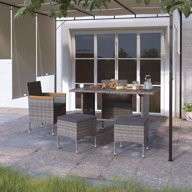 Set di 4 sedie da giardino con poggiapiedi vidaXL in polyrattan e legno di acacia grigio con cuscini inclusi