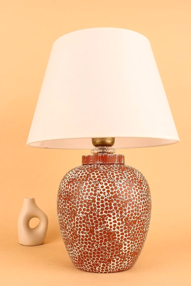 Opviq, lampada da tavolo di alta qualità, corpo in Vetroceramica, altezza 42 cm, diametro del paralume 30 cm, cappuccio in PVC, cavo da 150 cm, design astratto nei colori rosso mattone e bianco, attacco E27 max. 40 W.