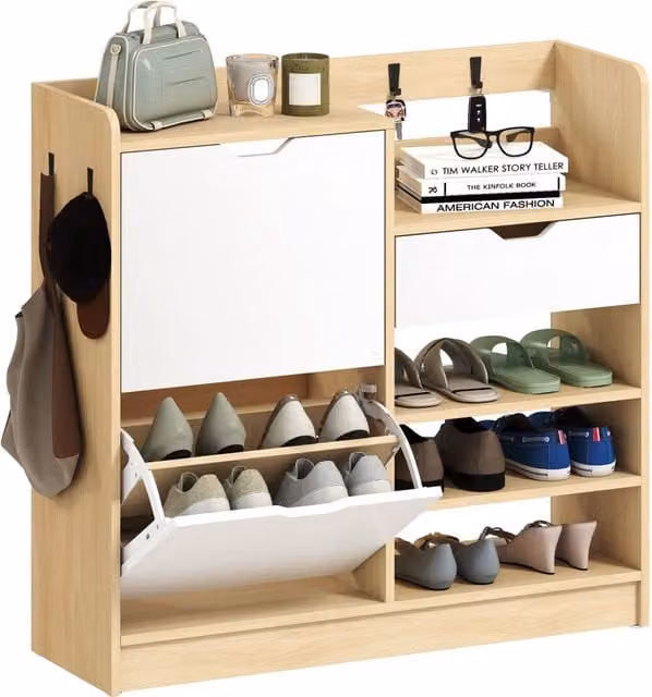 Scarpiera Minimal con cassetto e appendiabiti in legno bianco, L: 80 cm, P: 30 cm, H: 90 cm – 1
