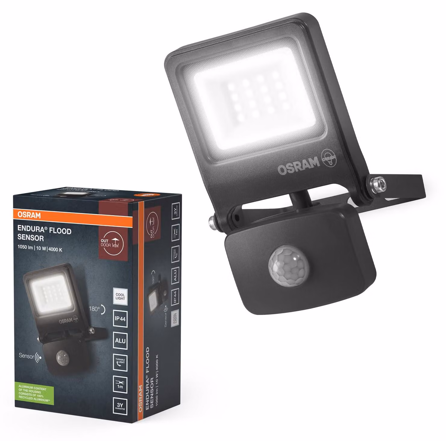Faretto LED esterno Osram ENDURA Flood Sensor, 10W, 1000 lumen, 4000K (bianco freddo), sensore di movimento 9m, alluminio, grado di protezione IP65 – confezione da 1, 10 Watt, temperatura di colore 4000K