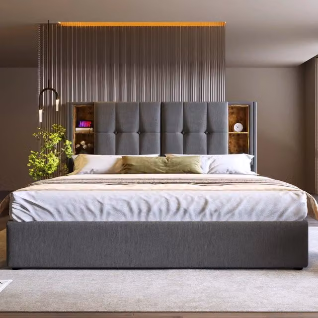 Letto matrimoniale imbottito contenitore ¨C Minimal ¨C 140x200cm grigio tessuto legno con materasso