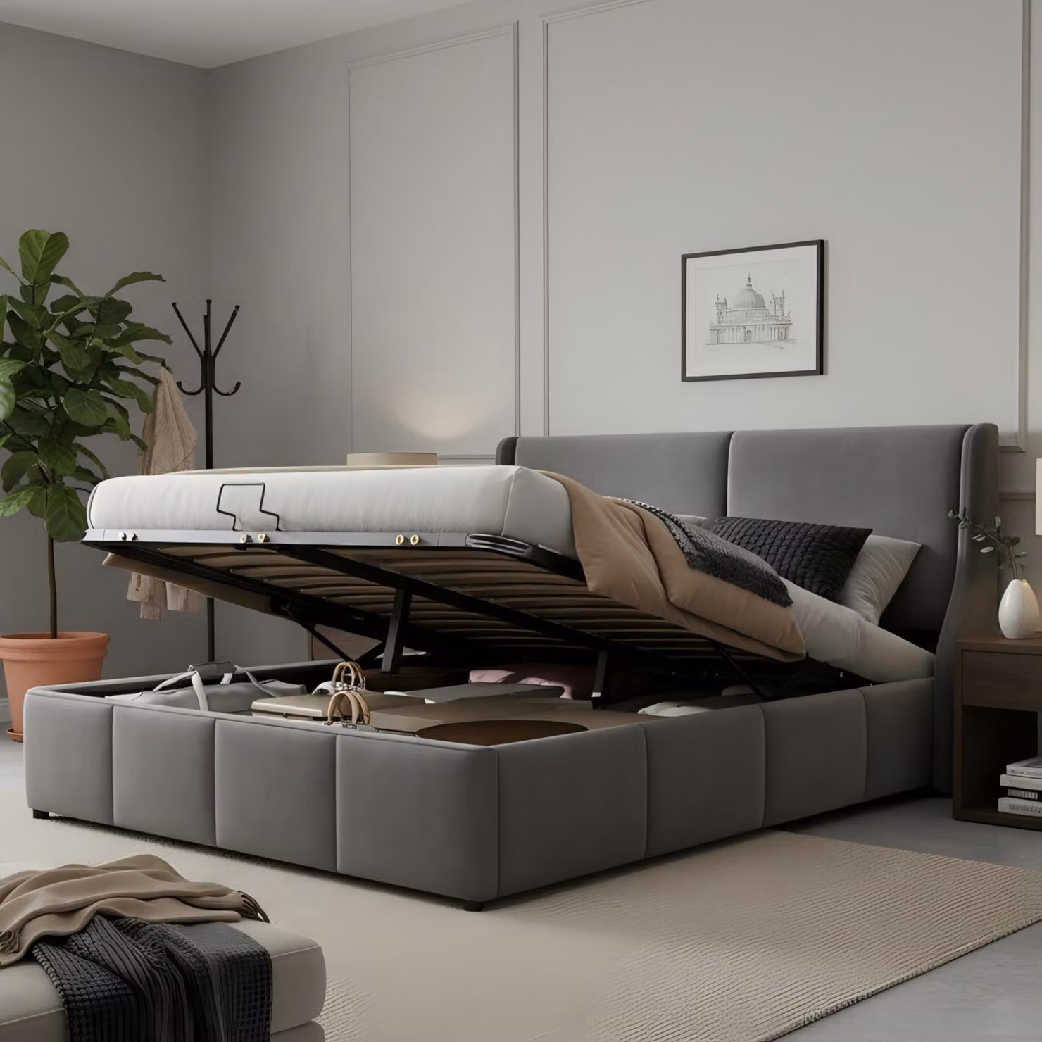 Letto imbottito 140 x 190 con cassone contenitore a sollevamento idraulico – Letto matrimoniale con testiera imbottita e componenti di montaggio numerati, letto contenitore grigio
