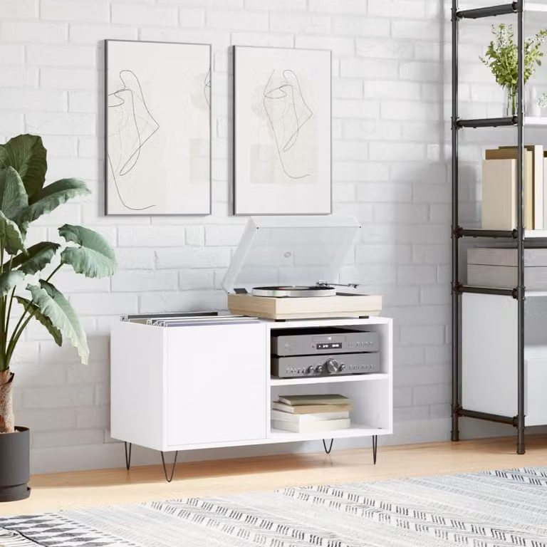 vidaXL Mobile Porta Dischi Bianco in Legno Multistrato e Metallo, L: 85 cm, P: 38 cm, H: 48 cm