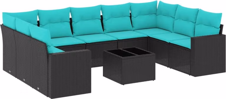 Set Divani da Giardino 10 pz con Cuscini Nero in Polyrattan