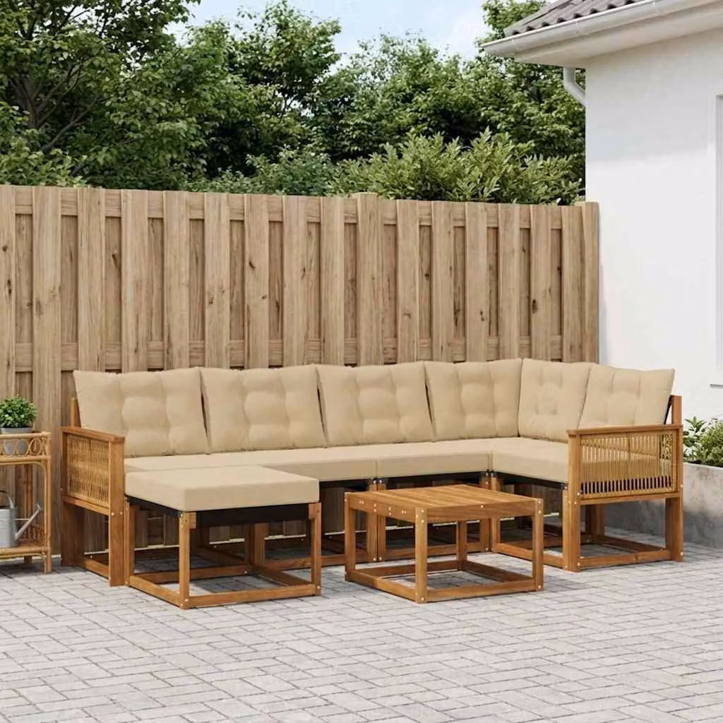 Set di divani da esterno vidaXL 7 pz in legno di acacia con cuscini beige e marrone
