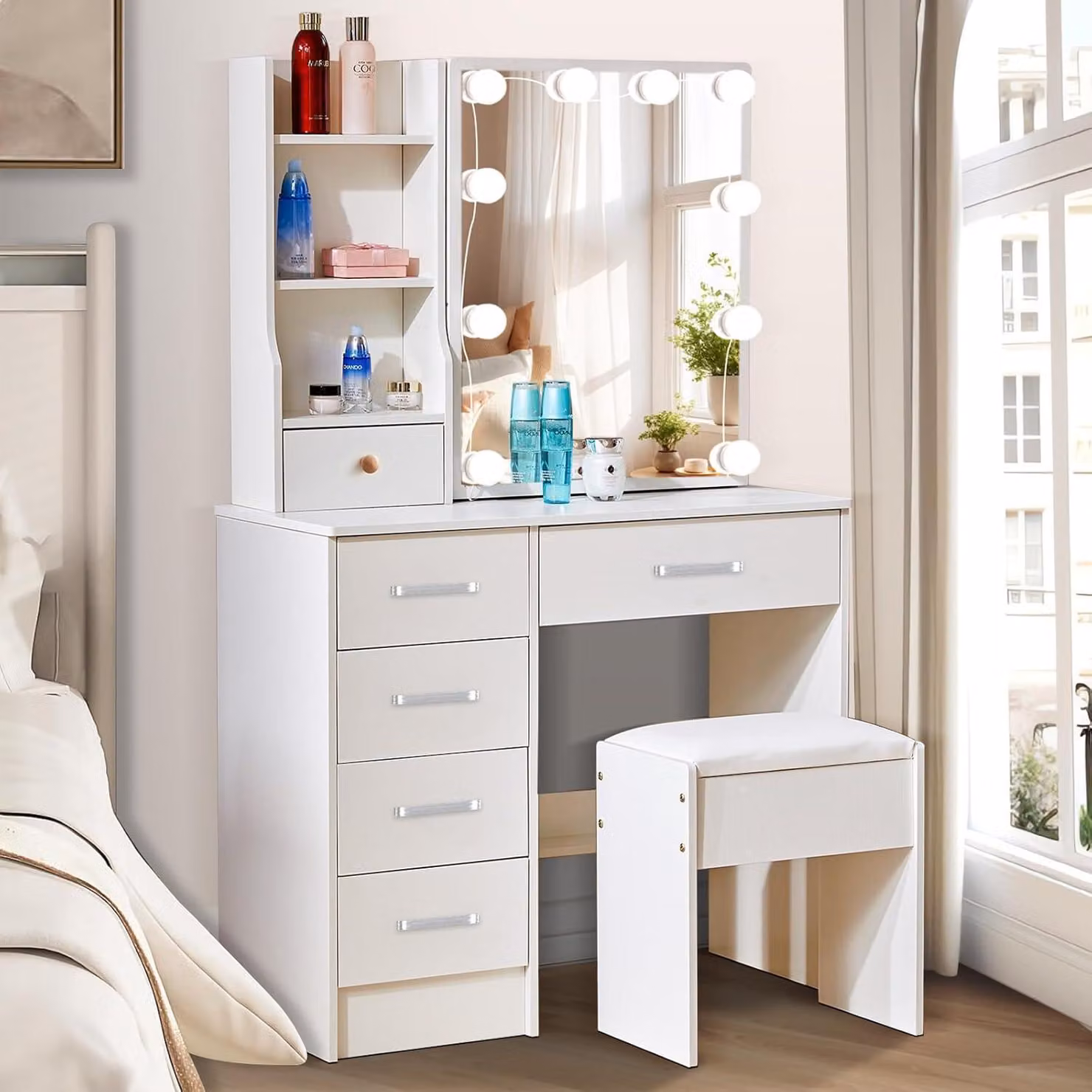 Tavolino da toilette con lampade LED, specchio, 6 cassetti, 3 ripiani