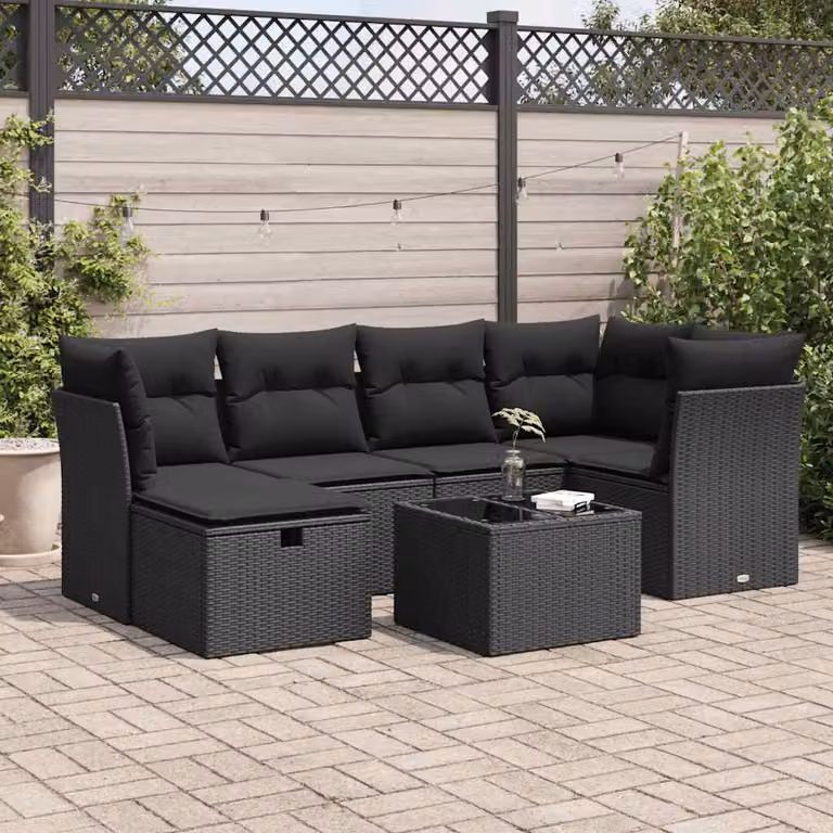 Set Divano da Giardino a L vidaXL in Polyrattan Nero con 7 Cuscini e Tavolino da Esterno