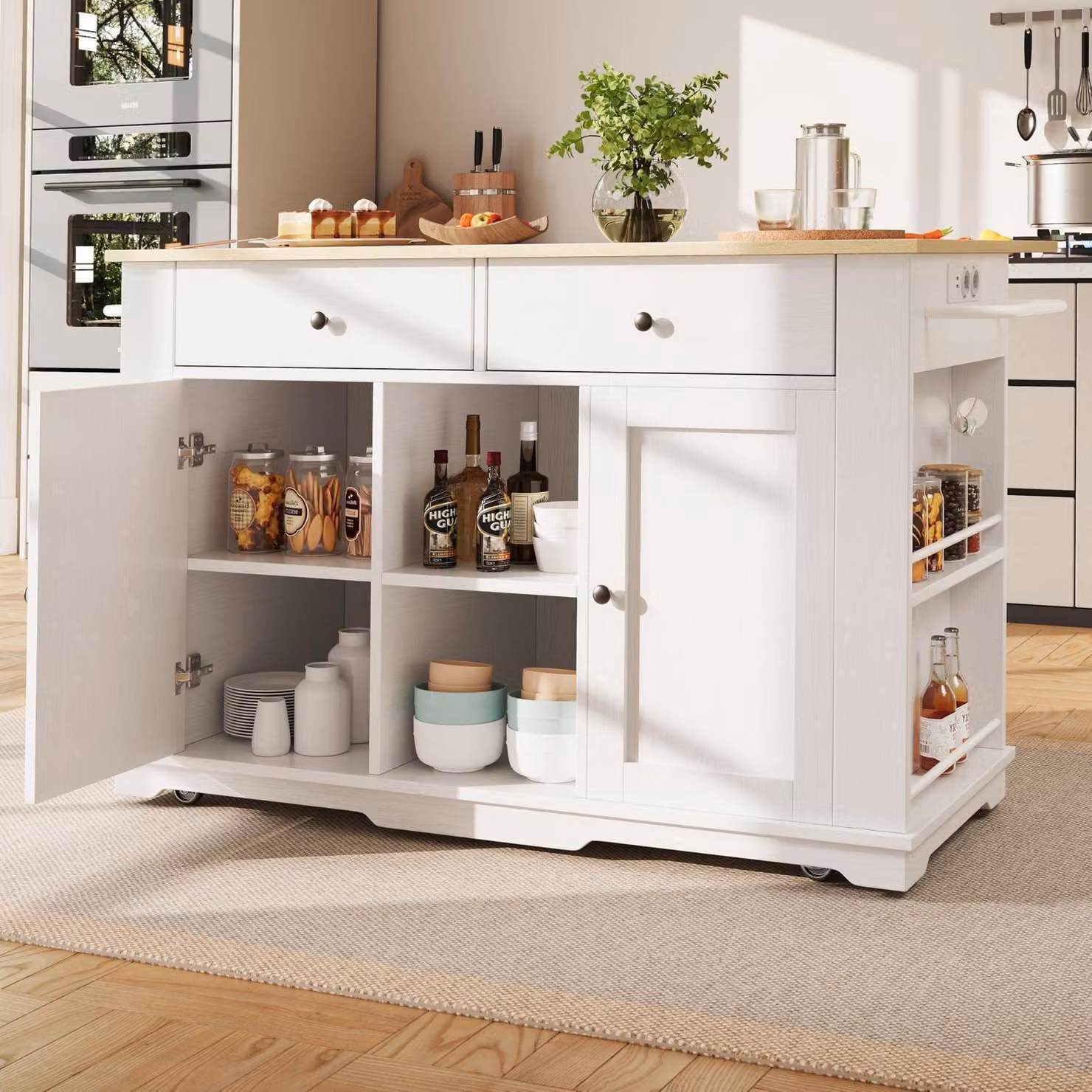 Isola da cucina con ruote, piano di lavoro pieghevole, presa di corrente, 151,5 cm, finitura effetto legno bianco