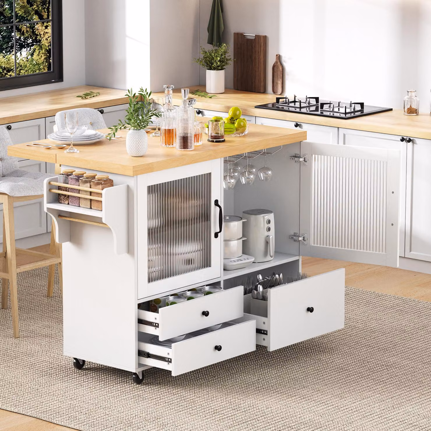 STILVORA Isola da cucina con rotelle e tavolo da pranzo estraibile, carrello da cucina con portabicchieri e vano portaoggetti, ideale come mobile da cucina per cucina e sala da pranzo (bianco), 100×70×91,5 cm