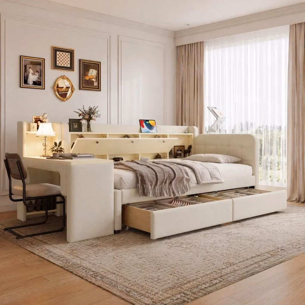 Letto Mivray con cassetti e scrivania reversibile, vano contenitore, porte USB e Type-C, lino beige, L/P: 90 x 200 cm – 2