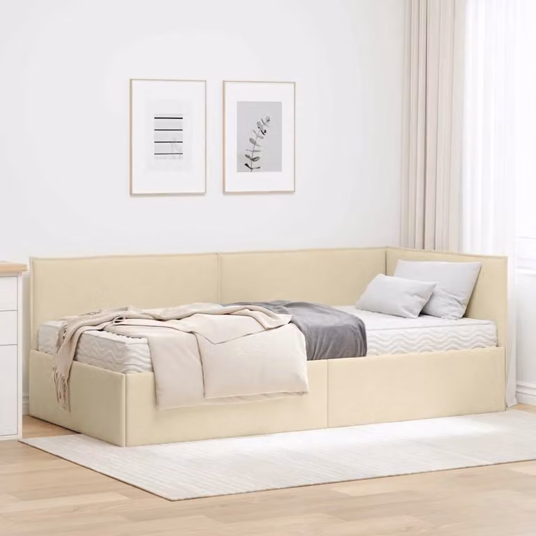 vidaXL Struttura Letto Angolare con 2 Materassi in Schiuma, Rivestimento in Velluto Beige, L/P/H: 90 x 190 cm