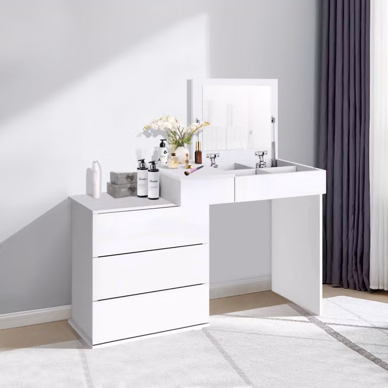 ML-Design tavolo da toilette bianco, tavolo da toilette con specchio pieghevole, 4 cassetti e 4 scomparti, 117,5x78x45 cm, tavolo cosmetico in legno MDF