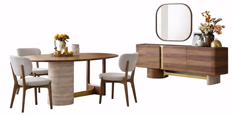 Set per sala da pranzo dal design moderno, con cornice beige e marrone, e una comoda cassettiera