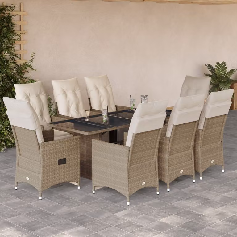 Set da Bistrò da Giardino vidaXL 9 pz in Polyrattan con Cuscini Beige e Piano in Vetro
