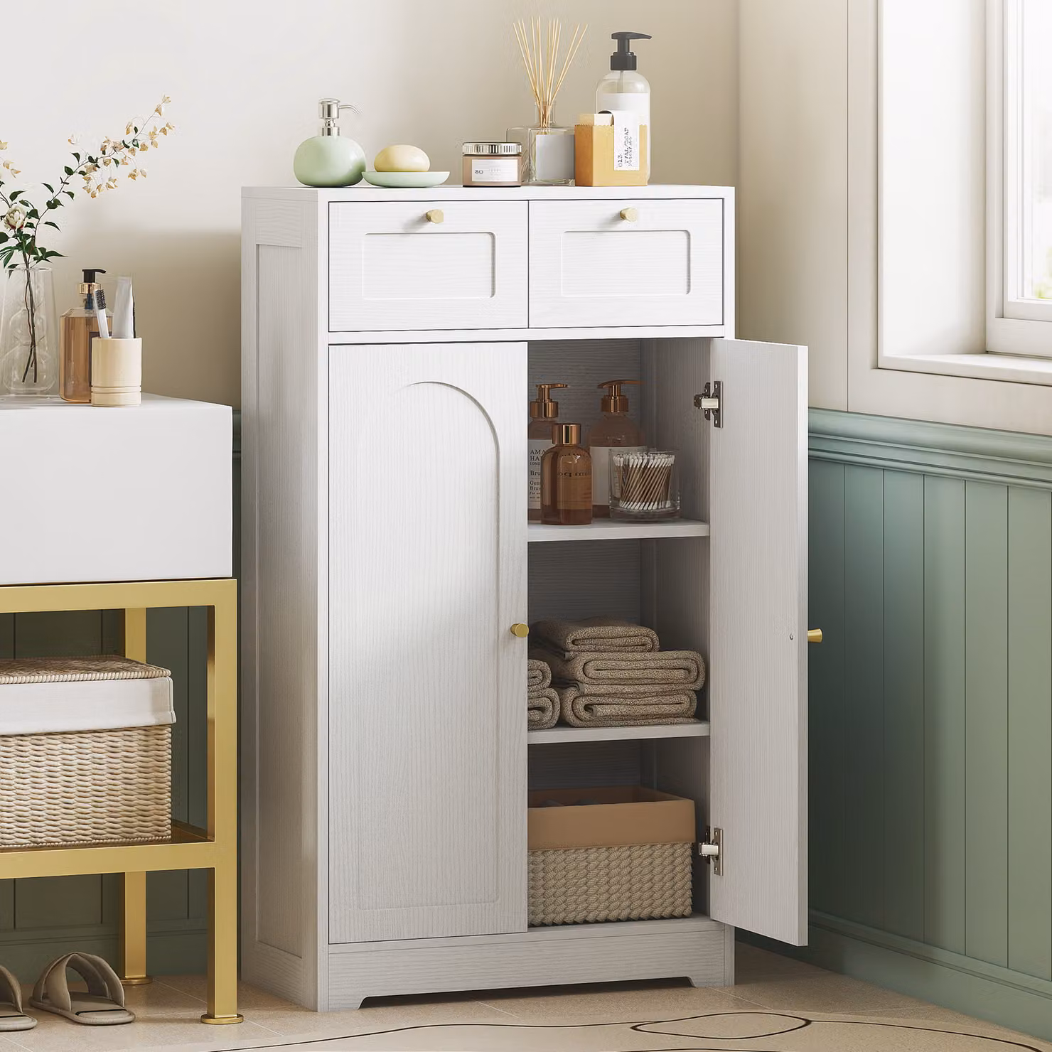 Armadio da bagno stretto HOMCOM con 2 cassetti, ripiano aperto e porta con pannello arcuato, Bianco Venato, L: 60 cm, P: 30 cm, H: 108 cm – 2