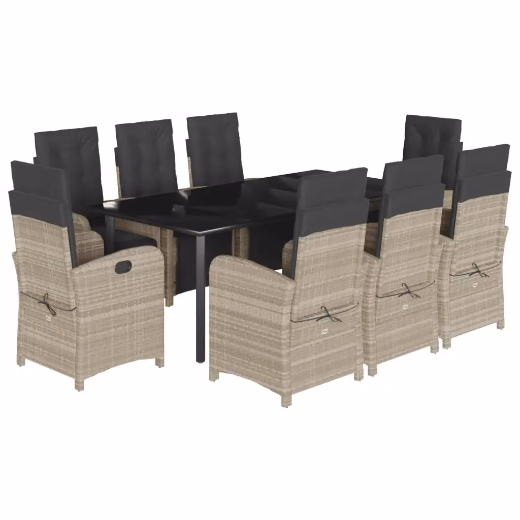 Set Pranzo da Giardino vidaXL in Polyrattan con Cuscini Grigio Chiaro e Piano in Vetro, 9 Pezzi – 2