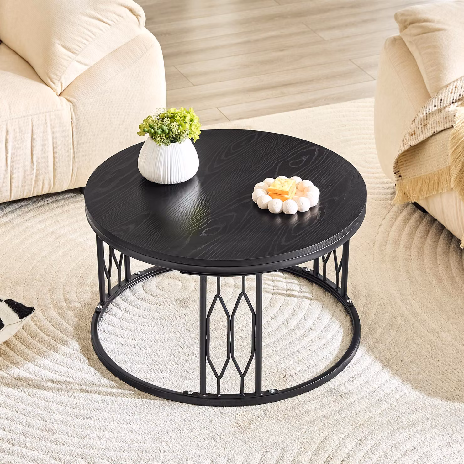 Tavolino da caffè rotondo, piano effetto legno, struttura in metallo, design geometrico, stabile (nero)