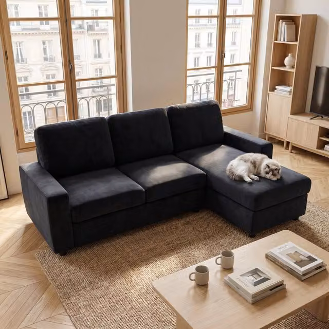 Divano angolare MIVRAY con chaise longue reversibile e 4 vani contenitore in tessuto nero, L 245.5 x P 150.5 cm