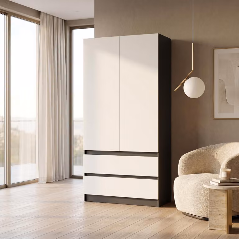 Armadio Novela, bianco antracite, a 2 ante | Armadio moderno per camera da letto 90 x 180 x 50 cm | Armadio guardaroba per ingresso e camera dei bambini, capiente