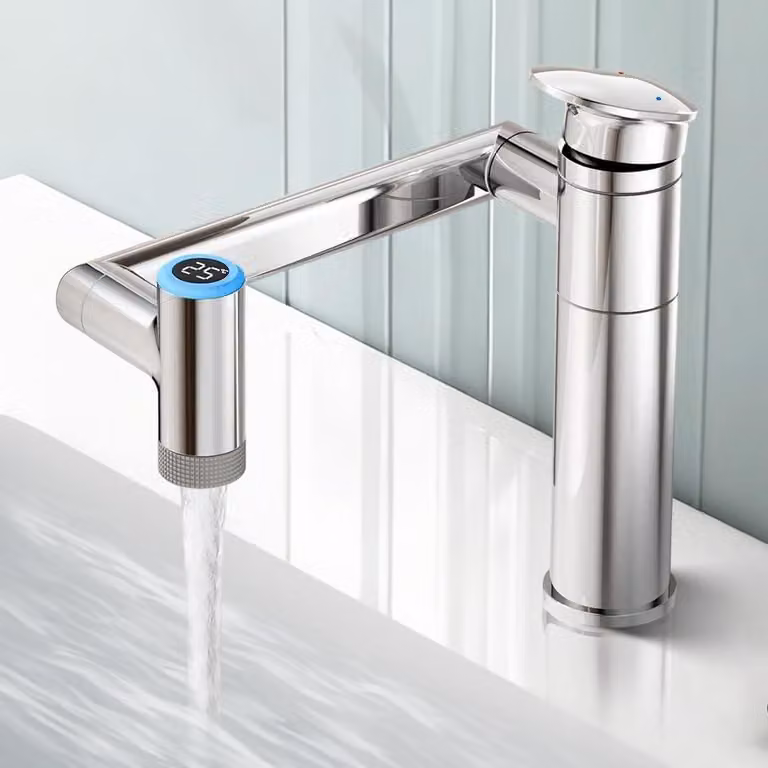 Rubinetto per lavabo, girevole a 1080°, regolabile in altezza, con indicatore di temperatura, attacco G3/8, colore argento