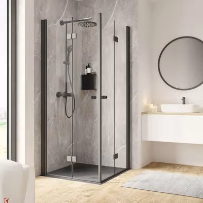 SCHULTE Porta angolare con apertura a battente e ribaltamento, modello Garant 2.0 ExpressPlus, dimensioni 80 x 80 x 200 cm, telaio in alluminio, vetro trasparente, trattamento anti-sporco