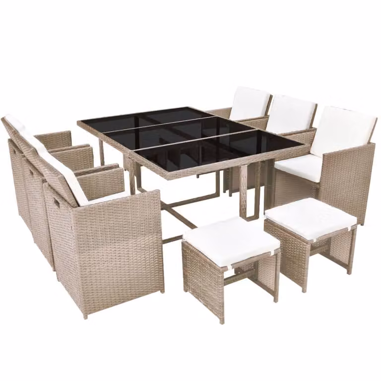 Set da Pranzo da Giardino 11 pz con Cuscini in Polyrattan Beige