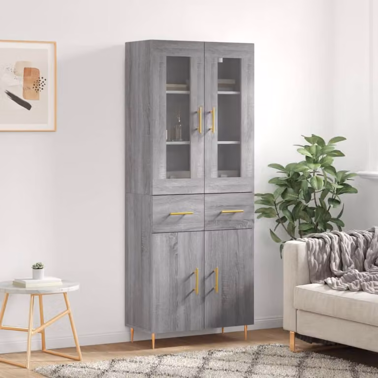 Credenza moderna vidaXL in legno e vetro, Grigio Sonoma, L: 69,5 cm, P: 34 cm, H: 180 cm