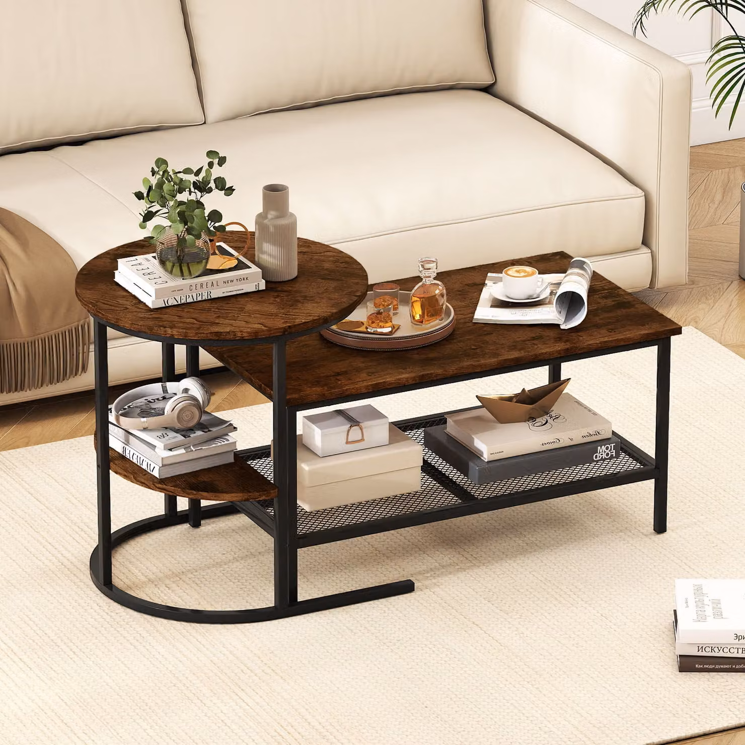 Set di tavolini da caffè componibili 2 in 1 Costway con piano in marmo sintetico e scaffale, tavoli rotondo e rettangolare per soggiorno o camera da letto, Marrone