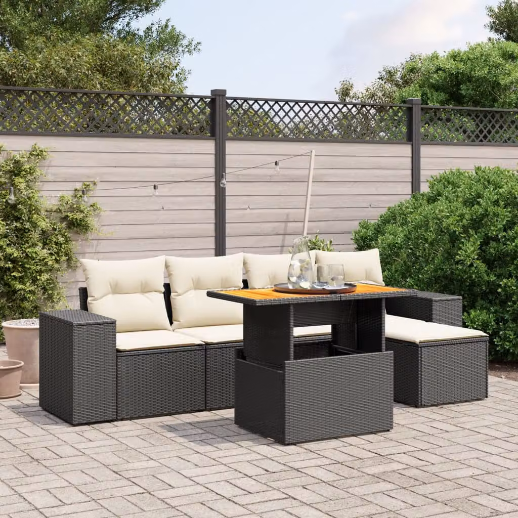 Set Divano da Giardino vidaXL 6 pz in Polyrattan Nero con Cuscini e Tavolino da Esterno – 1