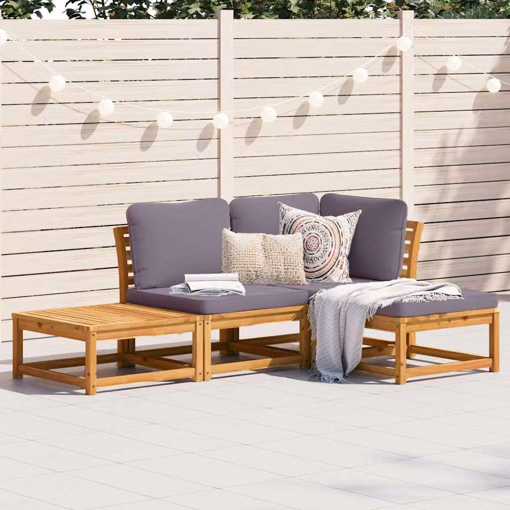 Set Salotto da Giardino a L vidaXL in Legno di Acacia con Cuscini, Tavolino e Pouf, Marrone e Grigio
