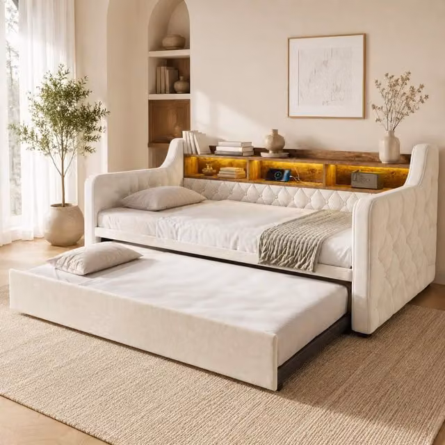 Divano letto 90x190 cm beige in velluto; estraibile con LED