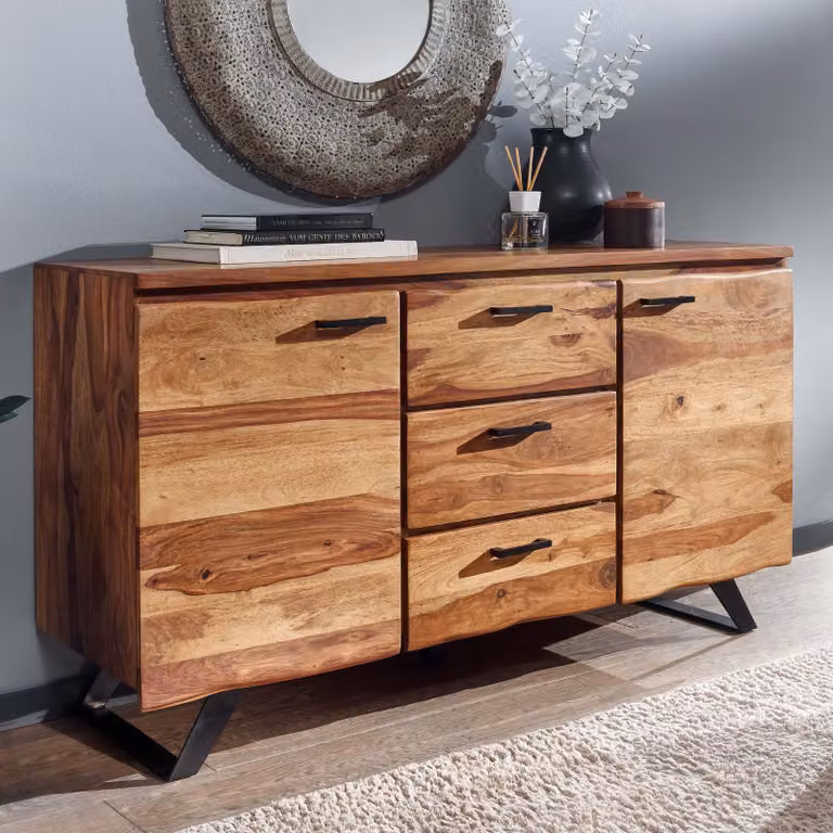FineBuy Credenza in legno massiccio Sheesham 145 cm 2 porte e 3 cassetti - Cassettiera in legno massiccio retro - Credenza di design naturale - Fatto a mano Industriale