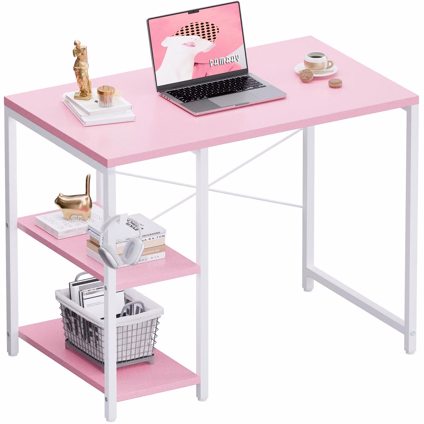 Scrivania compatta per computer da 80 cm, con ripiani, ideale per l'ufficio domestico, con gancio per cuffie, adatta per la camera da letto, scrivania per PC in spazi ridotti, color rosa