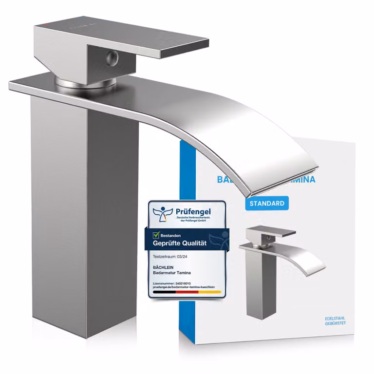 Miscelatore per bagno Tamina - acciaio inox spazzolato | Miscelatore per bagno a cascata dal design classico - rubinetto per lavabo da appoggio