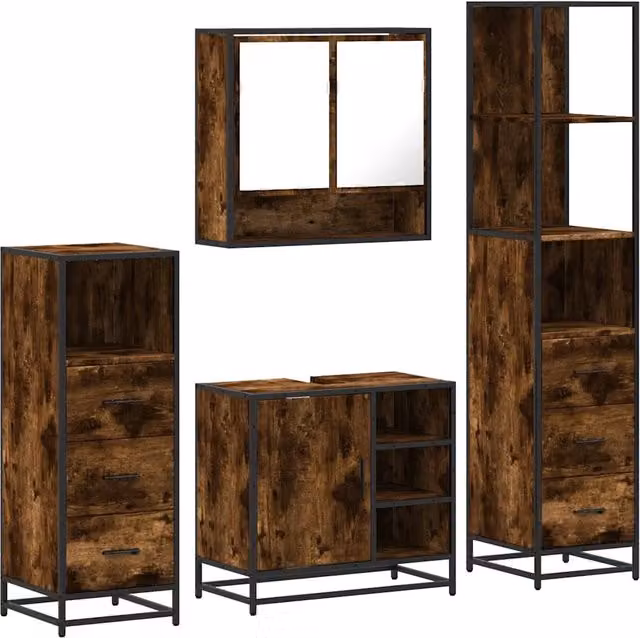 Set Mobili da Bagno | Armadio da bagno 4 pz Rovere Fumo in Legno Multistrato