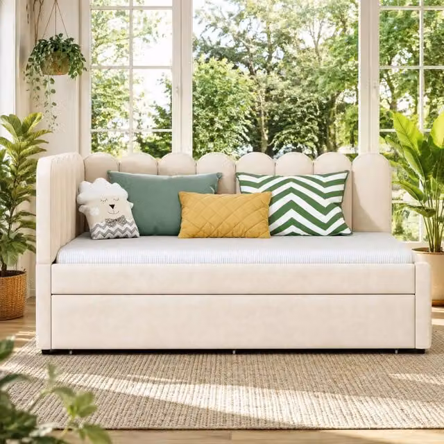 Letto imbottito a L 140x200 cm con letto estraibile; velluto beige
