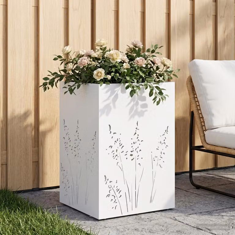 vidaXL Vaso da giardino in metallo Bianco L/P/H: 50 x 50 x 75 cm