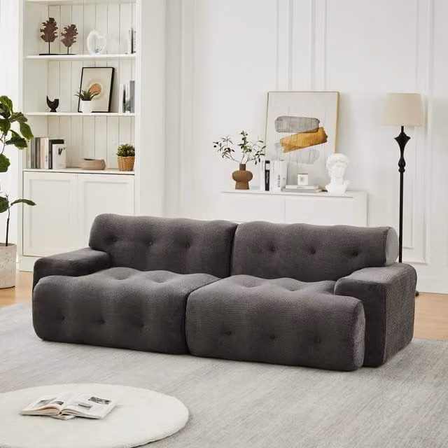 Divano a 2 posti 224x104x66 cm con seduta profonda e base antiscivolo in ciniglia grigio