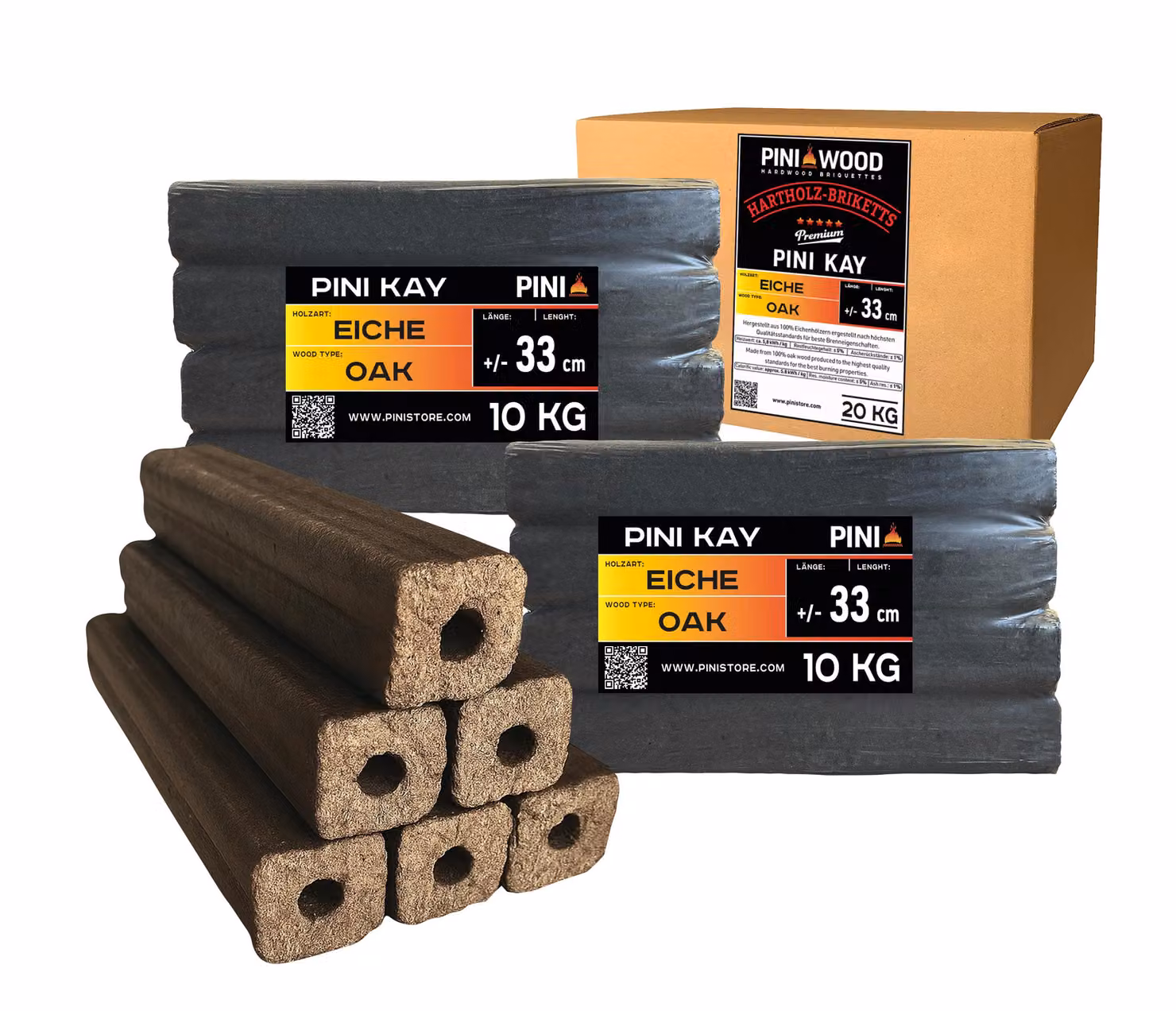 PINI Kay bricchetti di legno di quercia lunghi 33 cm quadrati con foro di estrazione 20 kg bricchetti di legno duro legna da ardere bricchetti di legno di quercia stufa camino barbecue