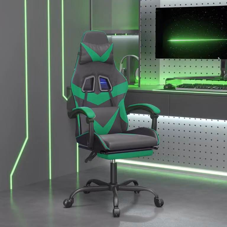 Sedia da Gaming vidaXL in Similpelle Multicolore Nero e Verde con Poggiapiedi e Braccioli