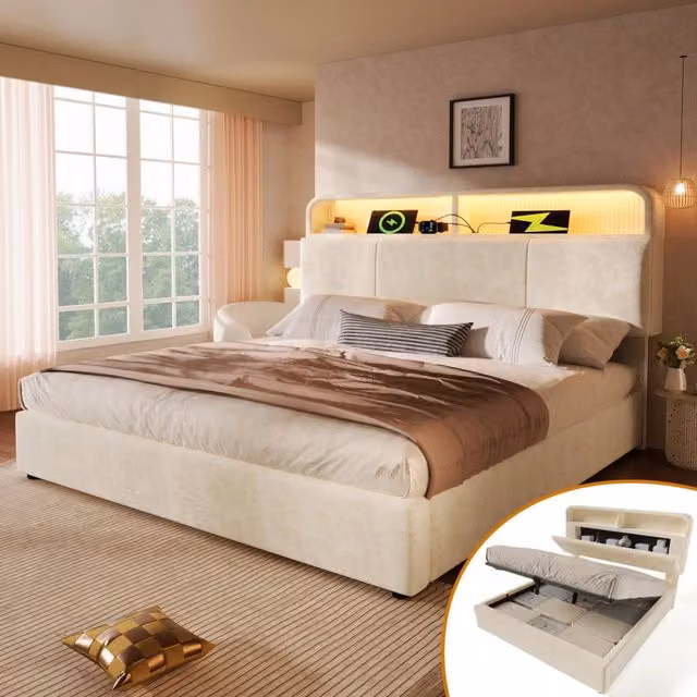 Letto matrimoniale contenitore 180x200 cm con testiera regolabile portaoggetti; LED; USB; USB-C e rete a doghe; velluto beige