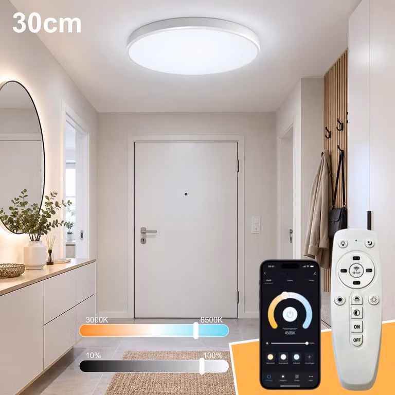 Lampada a soffitto LED bianca, 30 cm, dimmerabile, con 3 temperature di colore, telecomando e controllo tramite app. Ideale per cucina, soggiorno, balcone, corridoio, bagno, camera da letto