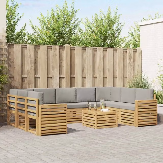 Set di divani da esterno a forma di L con tavolo da caffè vidaXL, 10 pezzi, Bianco e Grigio, in legno di acacia con cuscini inclusi