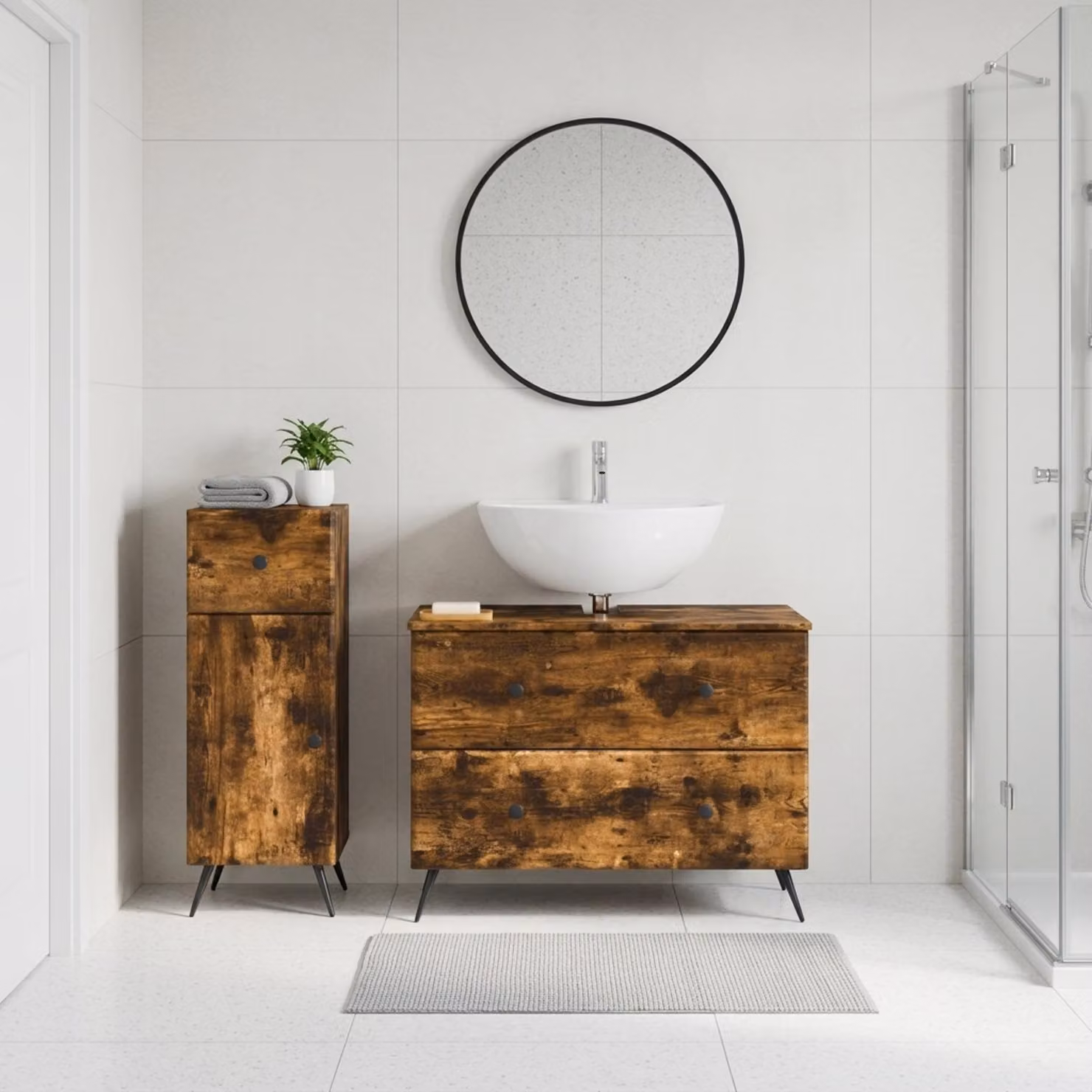 Set di mobili da bagno vidaXL BREDA composto da 2 pezzi in legno Rovere Fumo, con mobile lavabo e mobileto laterale moderno, colore marrone