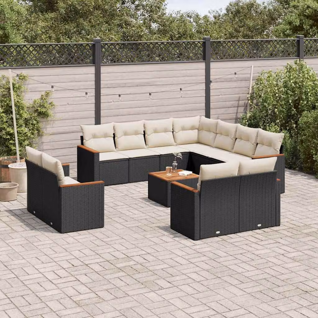vidaXL Set Divani da Giardino a Forma di U in Polyrattan Nero con Cuscini e Tavolino da Esterno – 1