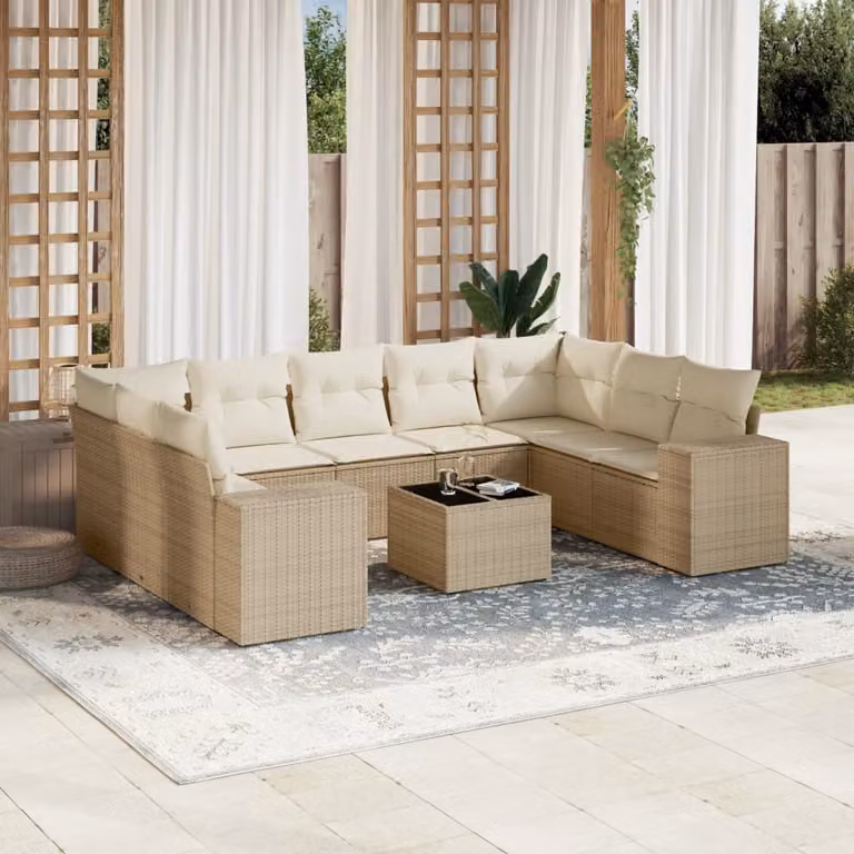 vidaXL Set Divano da Giardino 10 pz con Cuscini Beige e Tavolino in Polyrattan e Metallo