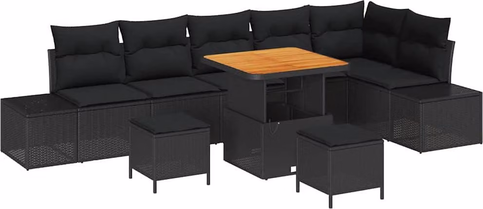 Set Divano da Giardino con cuscino 9 pcs Nero polyrattan